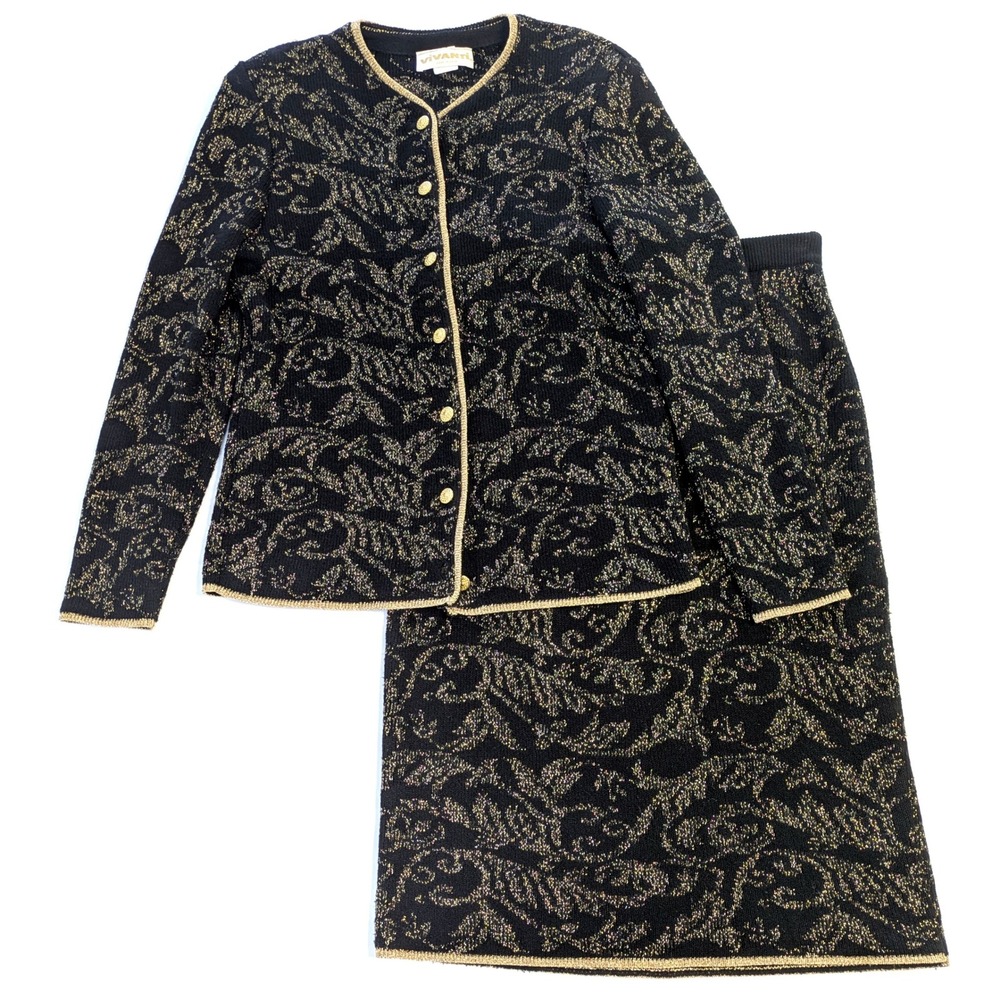 Vivanti Vintage Gold Lurex Knit Skirt Set Black Damask Cardigan 2 Piece Size 8